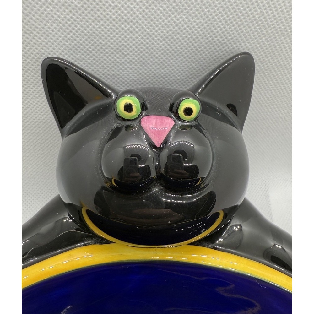 Department 56 Cat Trinket Bowl Blue Yellow Ceramic Decorative Pet Dish - Picture 2 of 5
